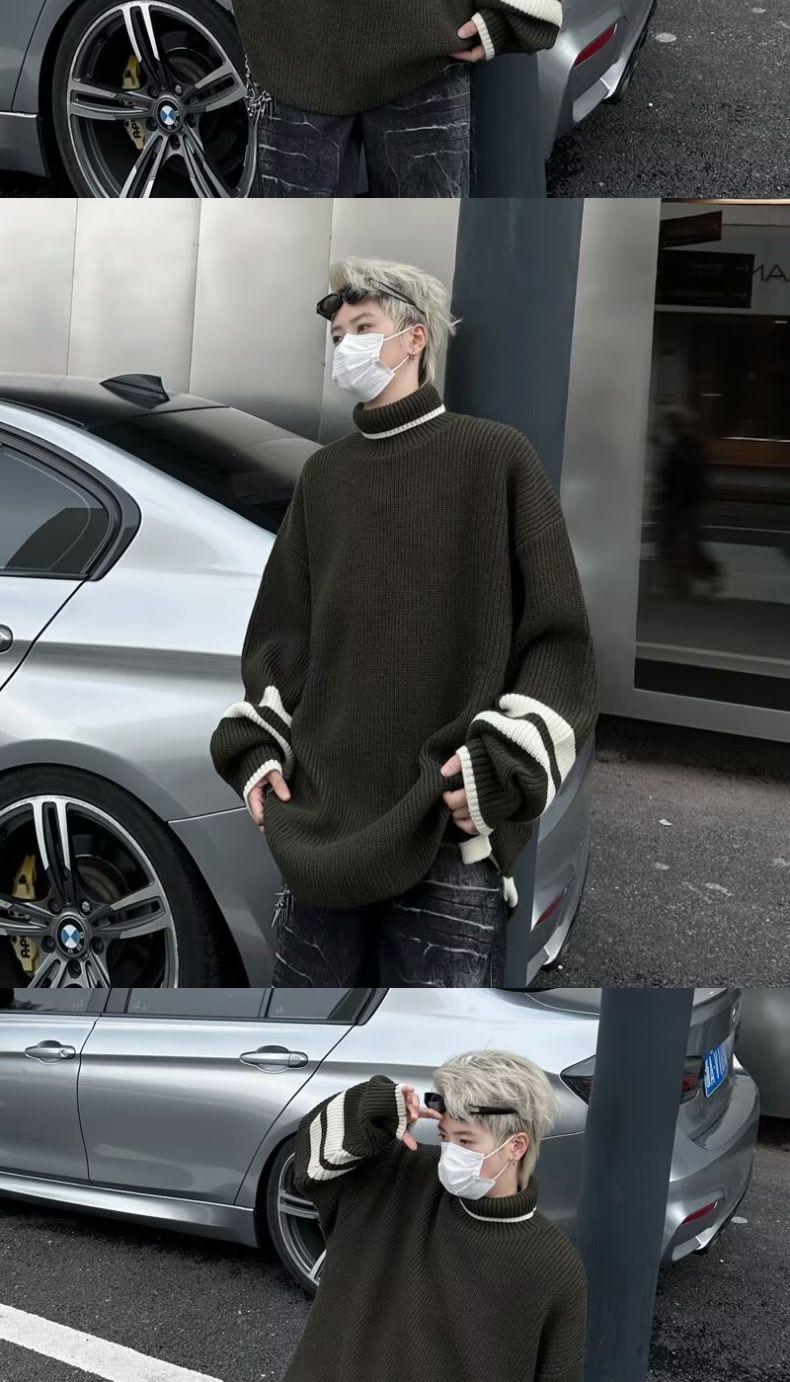 Autumn And Winter Turtleneck Sweater Men's Pullover Slit Japanese Retro Loose Color Matching American Sports Student Trendy Knitted Sweater_voghion.com