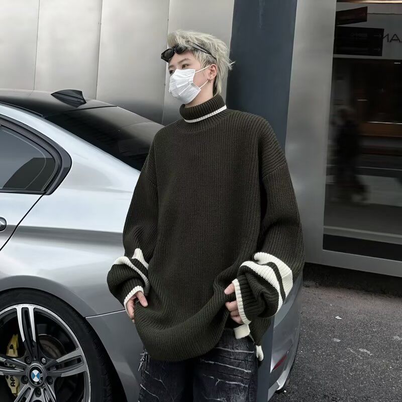 Autumn And Winter Turtleneck Sweater Men's Pullover Slit Japanese Retro Loose Color Matching American Sports Student Trendy Knitted Sweater_voghion.com