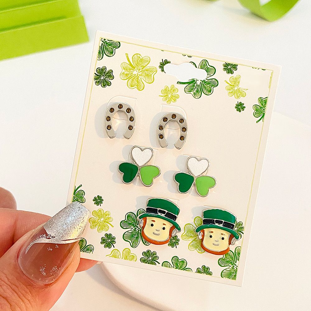Nouvelle parure de trois boucles d'oreilles décoratives en alliage effet goutte d'huile, inspirée d'un chapeau irlandais en forme de trèfle pour la Saint-Patrick._voghion.com
