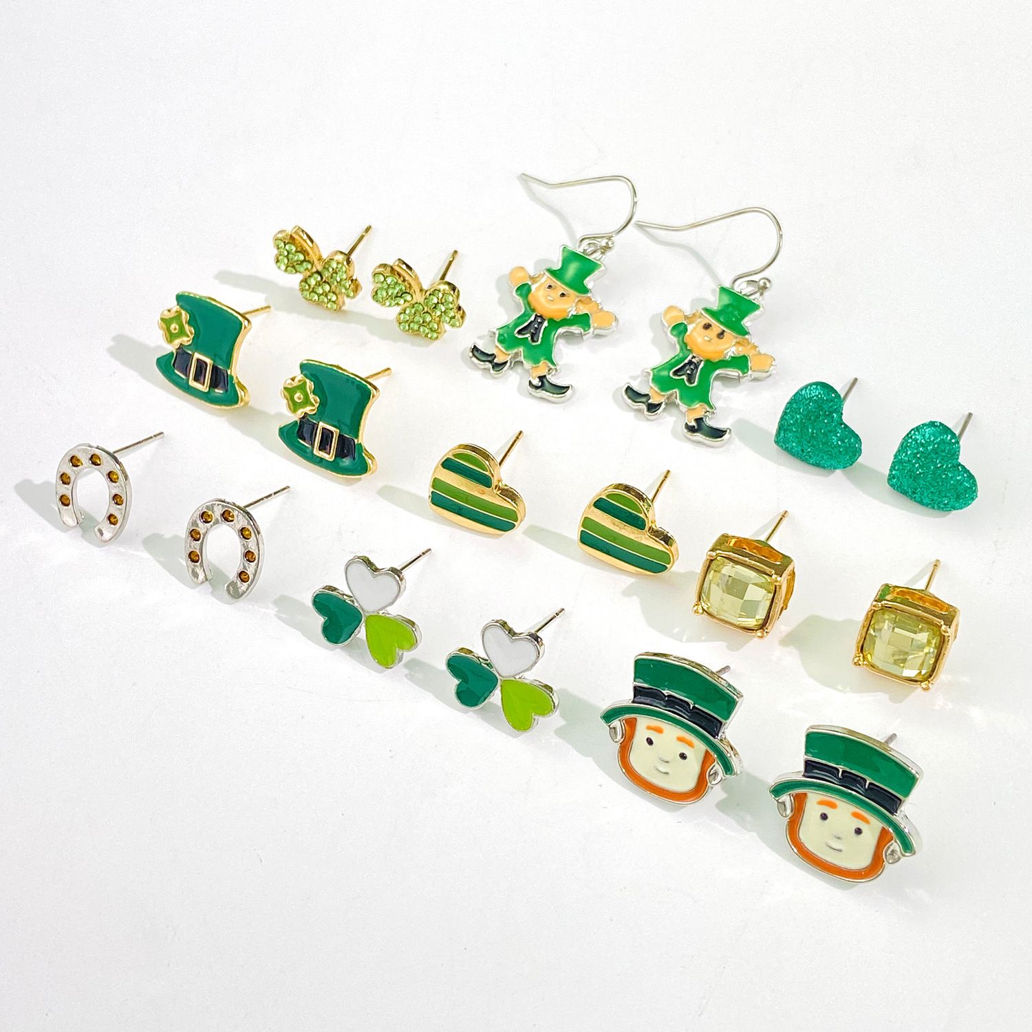 New St. Patrick's Day Irish Shamrock Hat Alloy Oil-Drip Three-Piece Earring Set Decoration_voghion.com