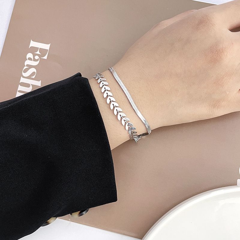 Fashion Simple Double Layer Stacked Airplane Chain Wheat Ear Leaf Bracelet Adjustable Pull-out Jewelry_voghion.com