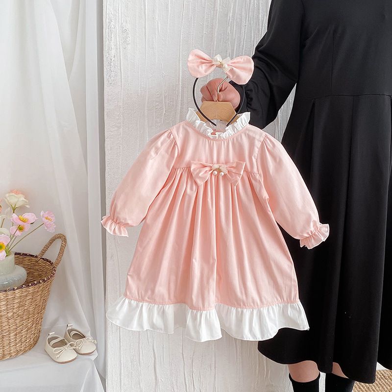 Flickor prinsessklänning rosa långärmad med rulle casual_voghion.com