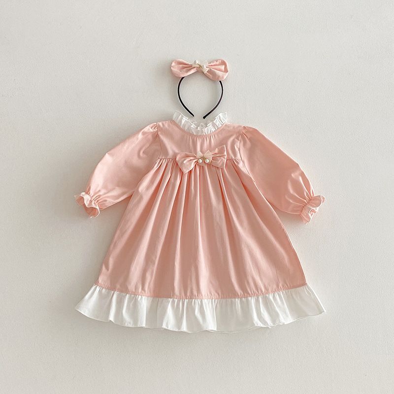 Flickor prinsessklänning rosa långärmad med rulle casual_voghion.com