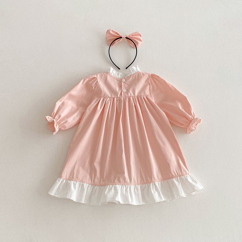 Flickor prinsessklänning rosa långärmad med rulle casual_voghion.com