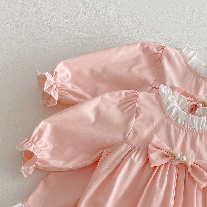 Flickor prinsessklänning rosa långärmad med rulle casual_voghion.com