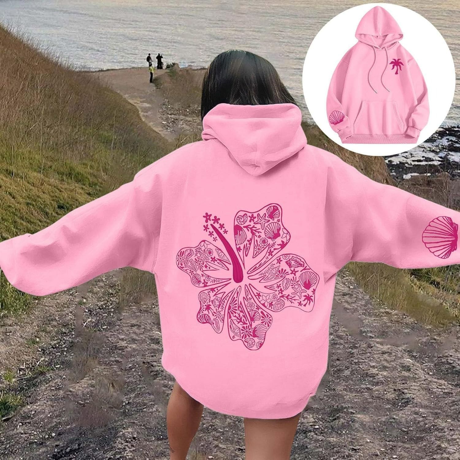 Sudadera con capucha Awi Hibiscus con estampado acanalado y mangas caídas en los hombros_voghion.com
