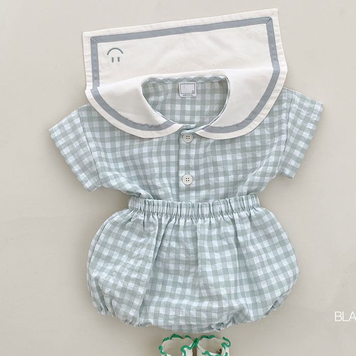 Conjunto infantil coreano de calça e blusa xadrez de manga curta, estilo universitário, para bebês e crianças pequenas, com lapela para o verão._voghion.com