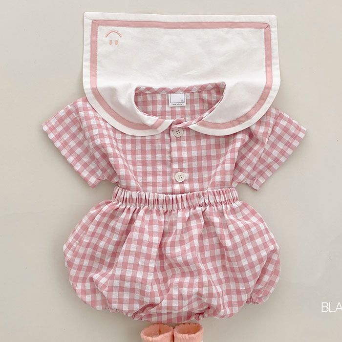 Conjunto infantil coreano de calça e blusa xadrez de manga curta, estilo universitário, para bebês e crianças pequenas, com lapela para o verão._voghion.com