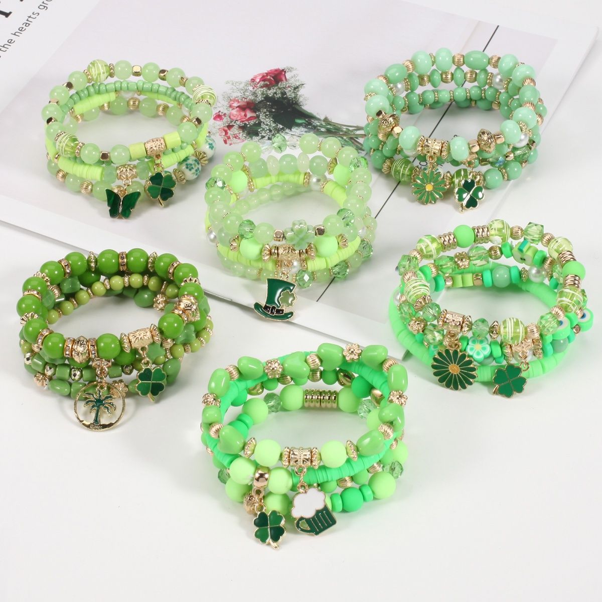 Conjunto de Pulseiras com Pingente de Trevo Verde Fresco para o Dia de São Patrício e Letras da Sorte para o Dia Irlandês_voghion.com