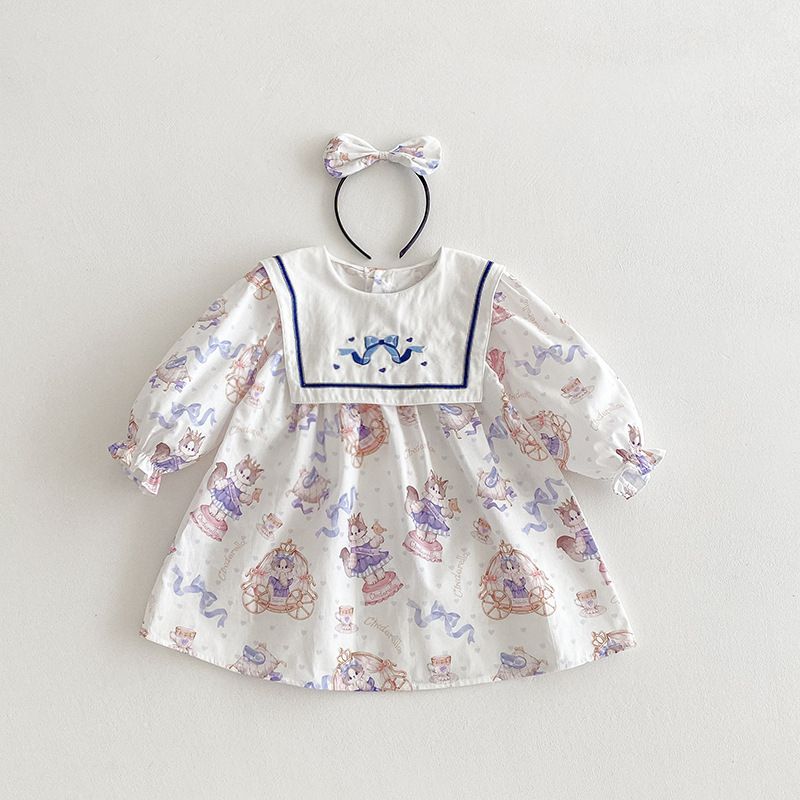 Girls' 2025 Korean Style Children's Clothing Sleeve Cute Cat Dress, New Fashionable Long Dress For Girls In Early Spring_voghion.com