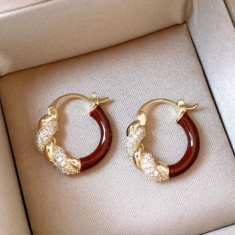 New Ankela Diamond-studded Niche French Light Luxury High-end Earrings, Simple And Versatile Red Earrings 1566_voghion.com