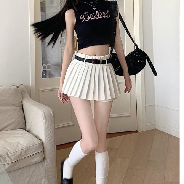 Upgraded suit fabric lace skirt + belt pleated skirt JK uniform skirt spring summer short autumn winter