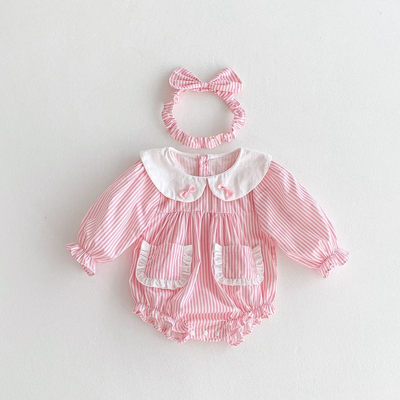 Robe barboteuse à rayures manches longues pour bébé fille_voghion.com