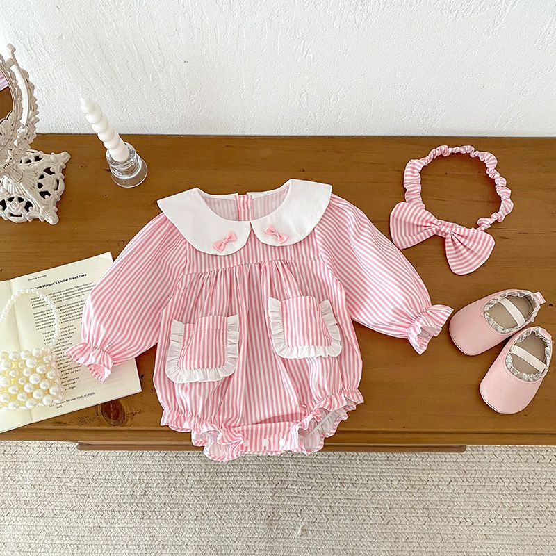 Robe barboteuse à rayures manches longues pour bébé fille_voghion.com
