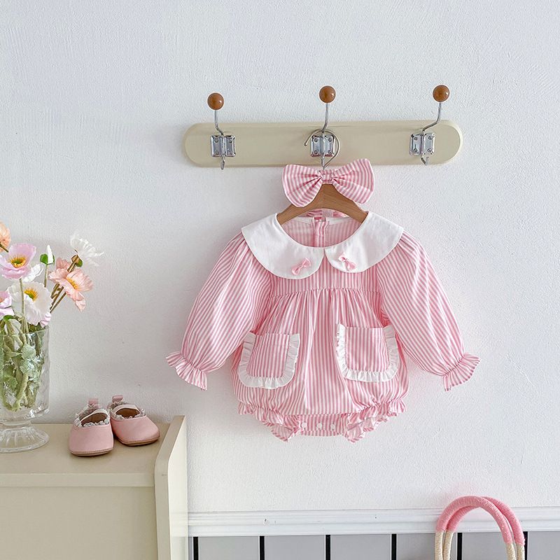 Robe barboteuse à rayures manches longues pour bébé fille_voghion.com