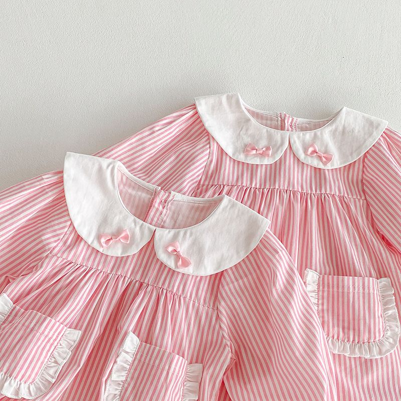 Robe barboteuse à rayures manches longues pour bébé fille_voghion.com