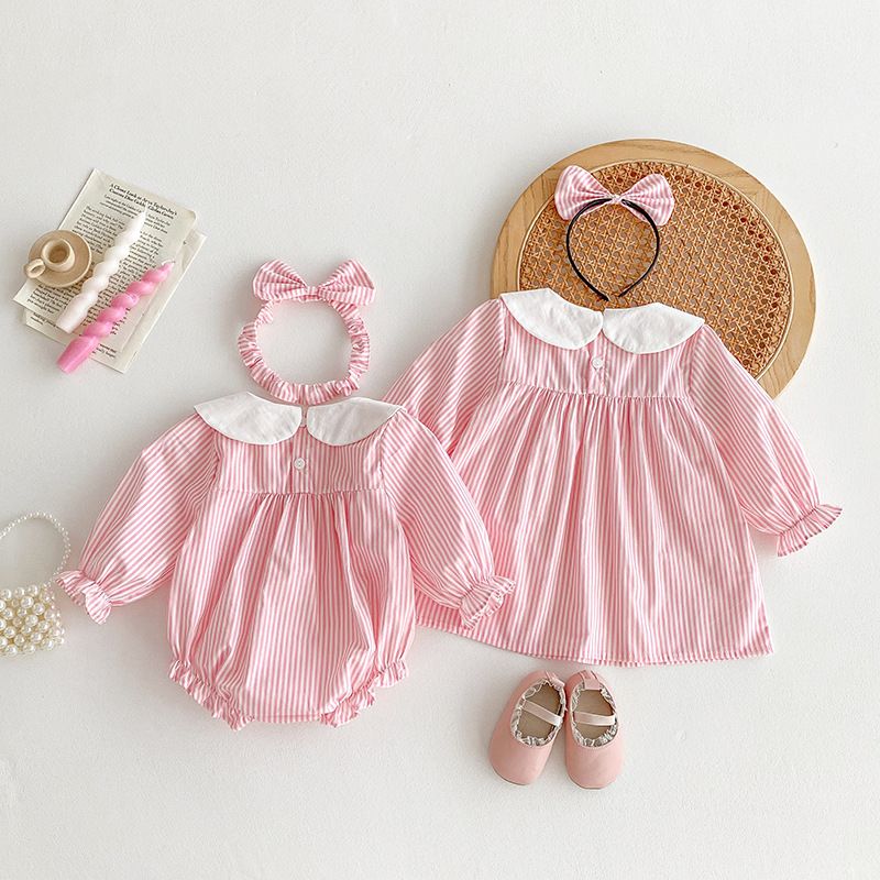 Robe barboteuse à rayures manches longues pour bébé fille_voghion.com