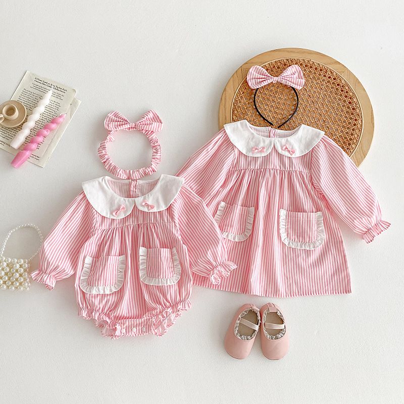 Robe barboteuse à rayures manches longues pour bébé fille_voghion.com