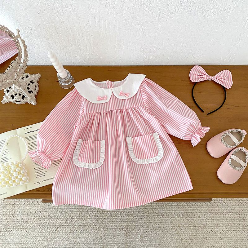 Robe barboteuse à rayures manches longues pour bébé fille_voghion.com