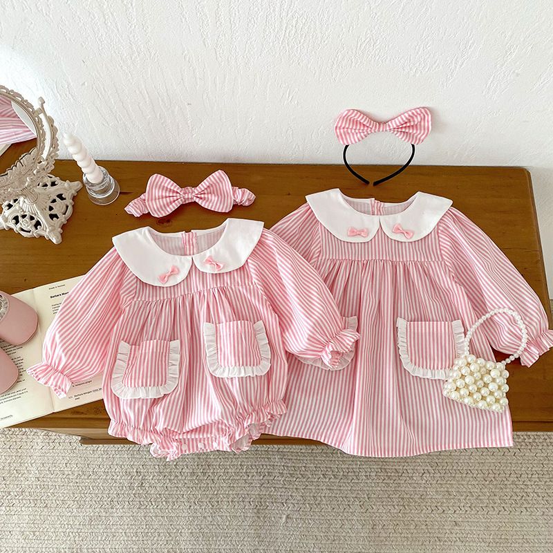 Robe barboteuse à rayures manches longues pour bébé fille_voghion.com