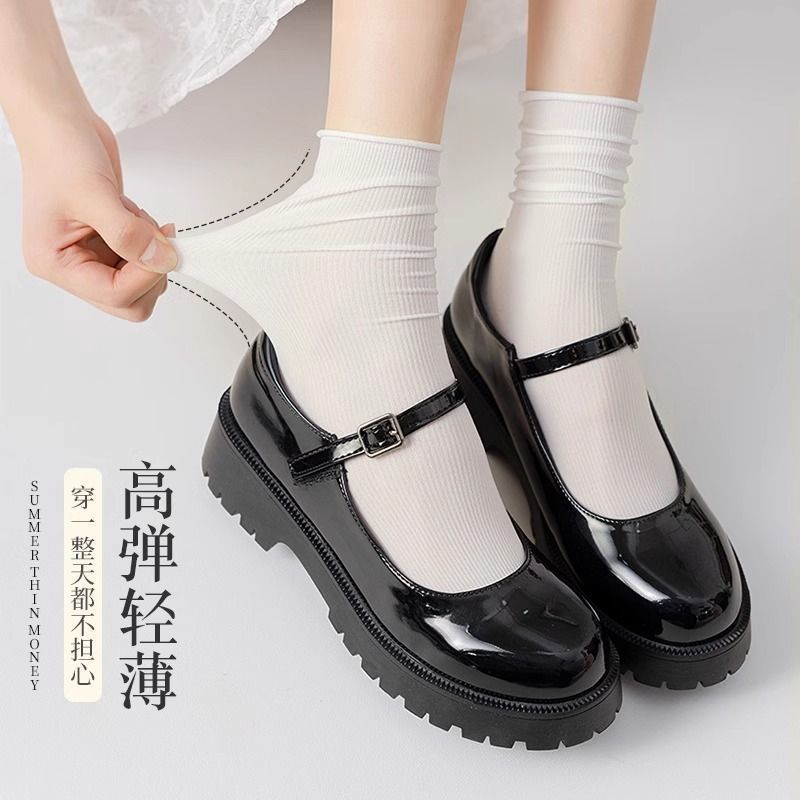 白色堆堆袜子女夏季薄款夏天春夏冰丝冰冰袜黑色中筒袜搭配小皮鞋