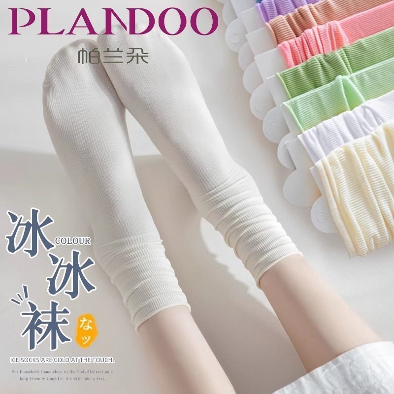 白色堆堆袜子女夏季薄款夏天春夏冰丝冰冰袜黑色中筒袜搭配小皮鞋 图片 2