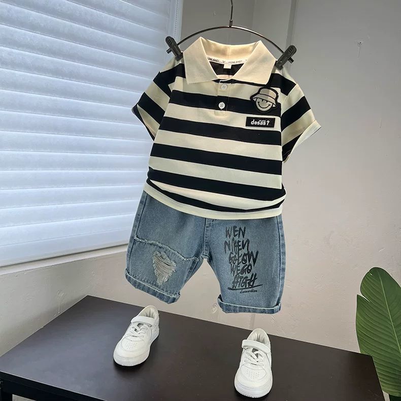 Makobell Boys' Suit 2026 New Children's Short-Sleeve Polo Shirt Fashionable Baby Summer Two-Piece Set_voghion.com