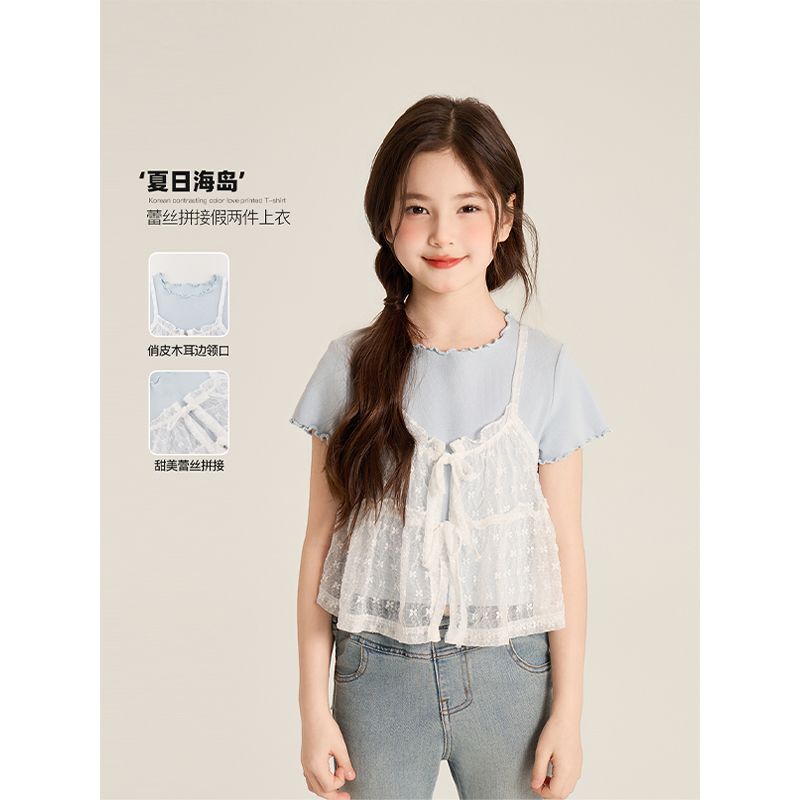 Amybaby女童上衣夏季2026新款夏日海岛韩版甜美蕾丝吊带假两件T