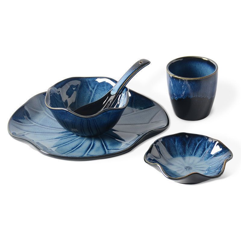 Chinese Style Aesthetic Lotus Leaf Ceramic Bowl Plate Cup Saucer Afternoon Tea Set Single Person Complete Tableware Home_voghion.com