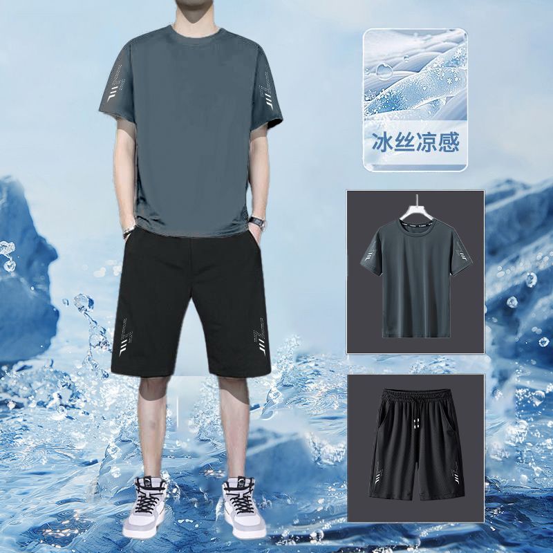 【发货快】运动套装男夏透气休闲吸湿排汗套装短袖短裤冰丝两件套