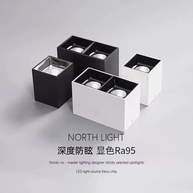 全铝COB方形明装射灯客厅无主灯照明北欧单头双头免开孔吸顶筒灯