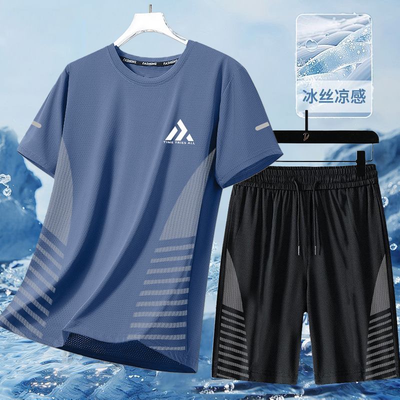 冰感休闲套装男士夏季透气速干弹力短袖短裤男圆领运动服套装男潮