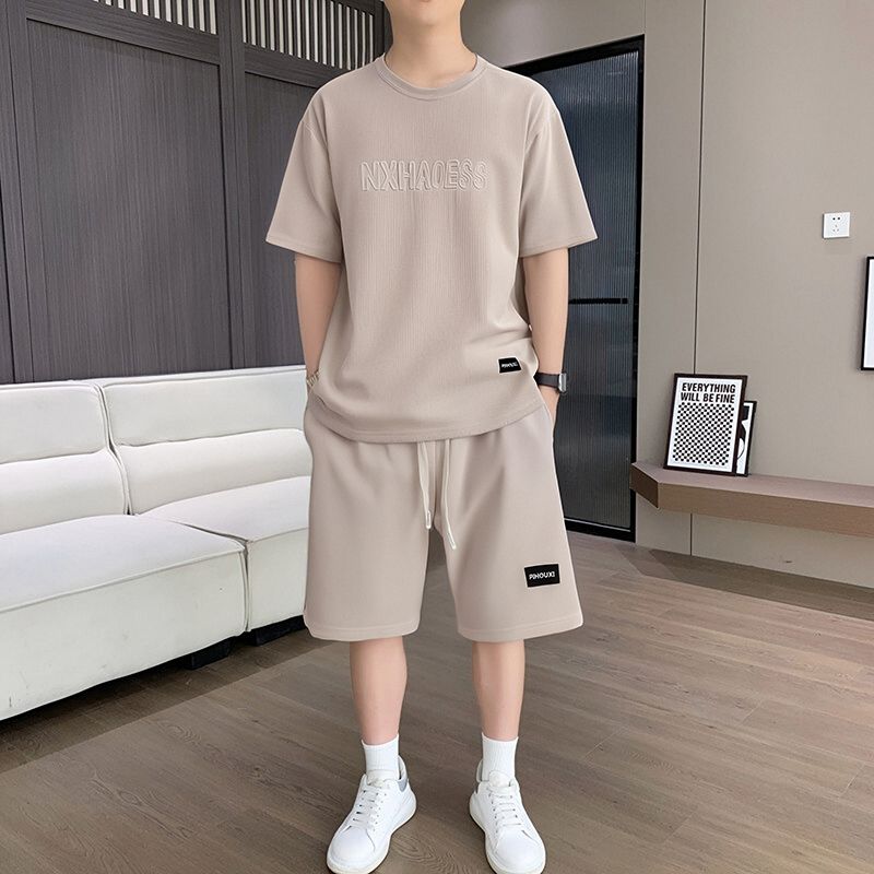 休闲运动套装男士夏季短裤短袖潮流速干半袖夏装字母钢印圆领T恤