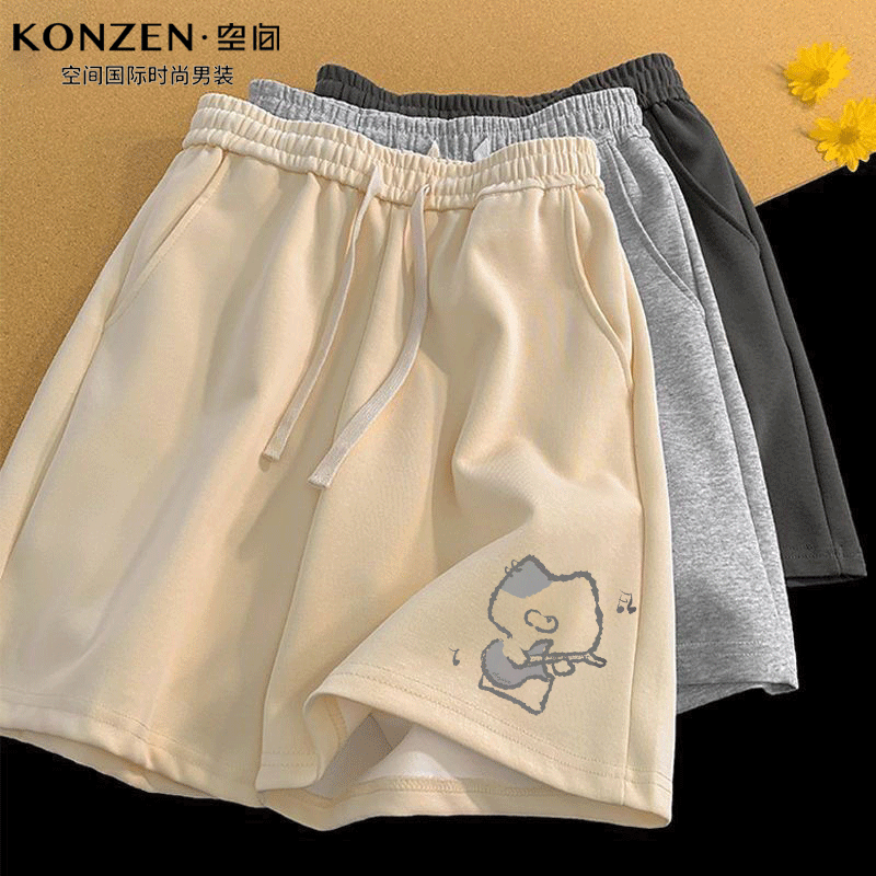 KONZEN美式简约线条唱歌猫咪樱花短裤男女夏季新款潮牌宽松休闲裤
