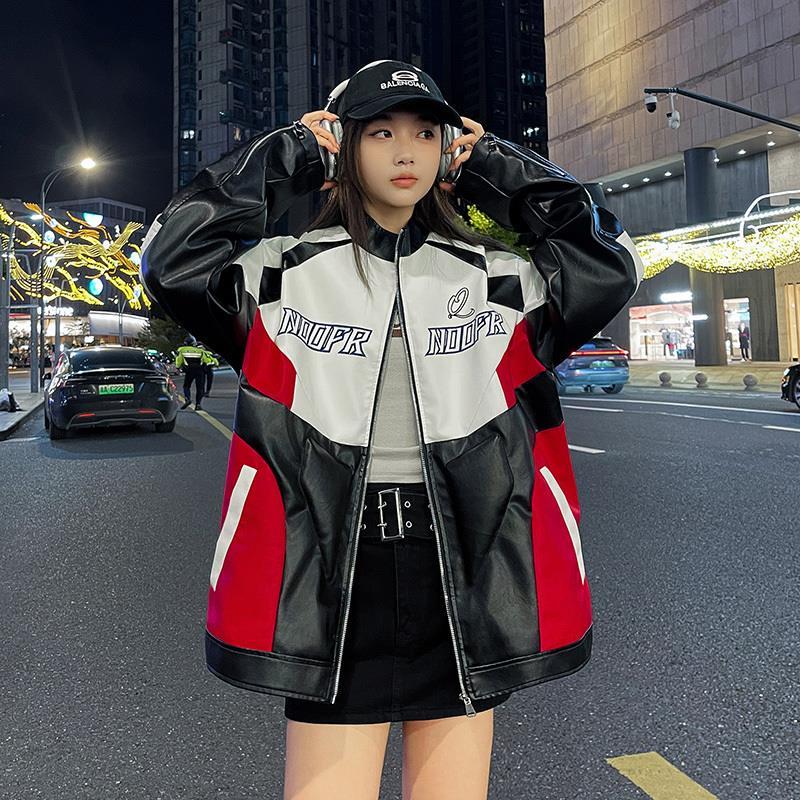 新款高档情侣PU皮衣男士酷炫字母拼接皮衣立领港风宽松版防撞夹克