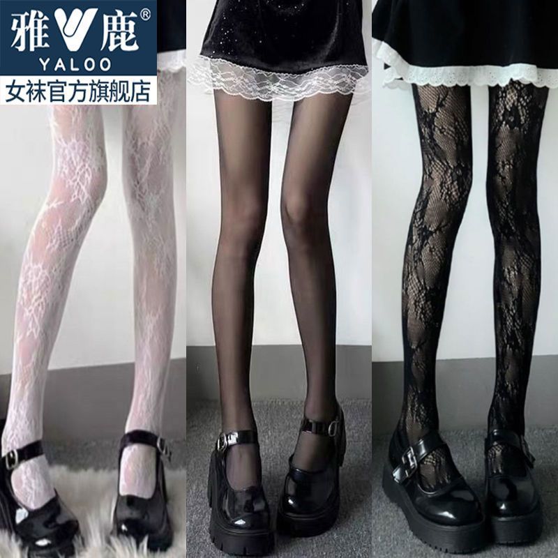 日系lolita镂空蕾丝网袜打底连裤袜洛丽塔复古花藤白色黑丝袜子女-码雨云博客