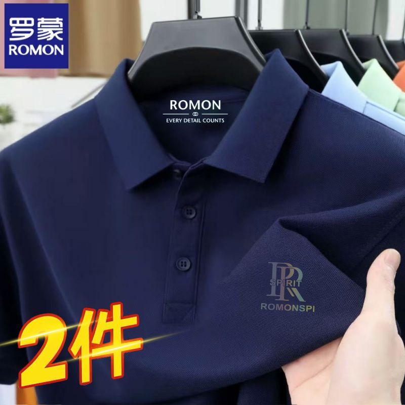 Romon/罗蒙夏季高档修身商务休闲透气高级翻领短袖Polo衫T恤印花