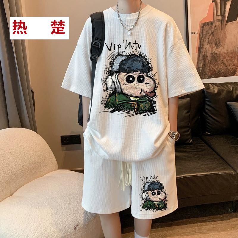 华夫格新款短袖短裤休闲套装夏季青少年一套搭配帅气两件套潮牌12