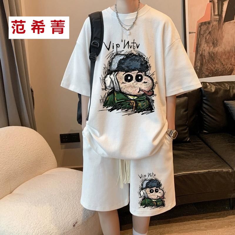 华夫格新款短袖短裤休闲套装夏季青少年一套搭配帅气两件套潮牌12