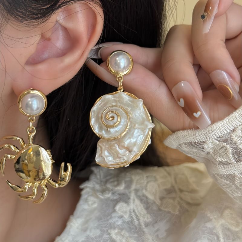 Asymmetric Marine Life Drop Earrings Ocean Style Shell Conch Crab_voghion.com