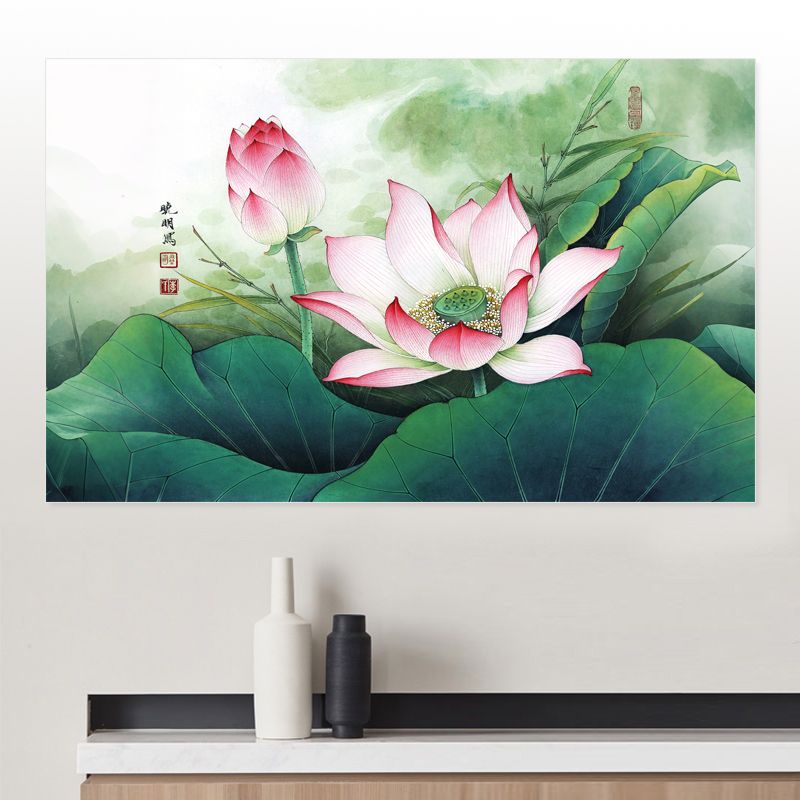 荷花自粘画50X80贴画卫生间装饰画荷花风水画50-80贴墙画海报定制