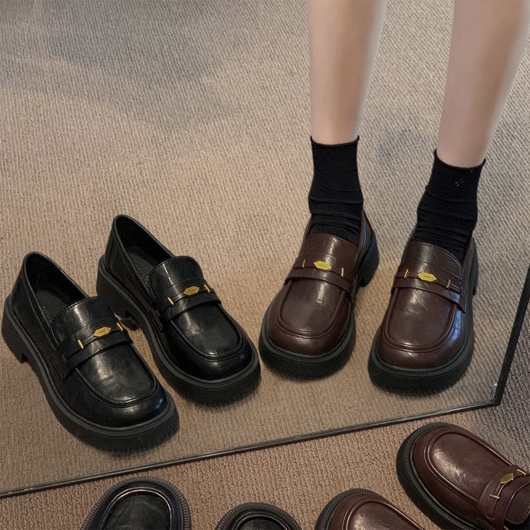 Women's Loafers 2026 Spring And Autumn New Popular Thick-Heeled British Style Black Leather Shoes_vogvips.com