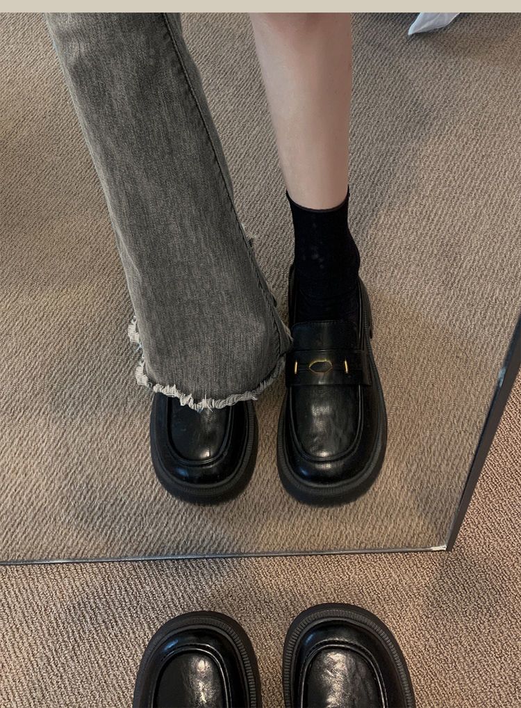 Women's Loafers 2026 Spring And Autumn New Popular Thick-Heeled British Style Black Leather Shoes_vogvips.com