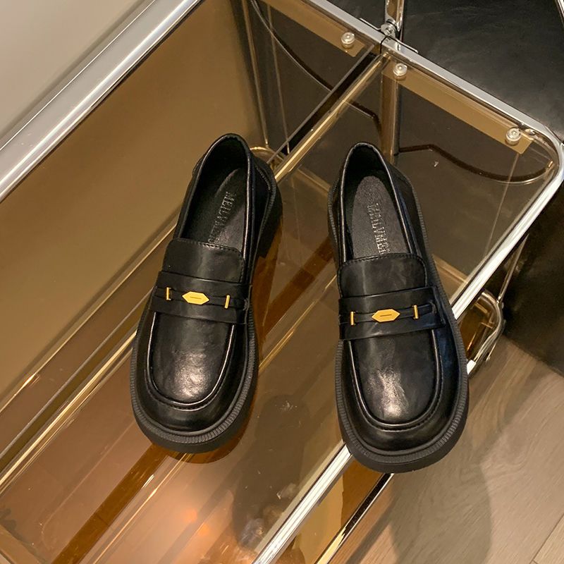 Women's Loafers 2026 Spring And Autumn New Popular Thick-Heeled British Style Black Leather Shoes_vogvips.com