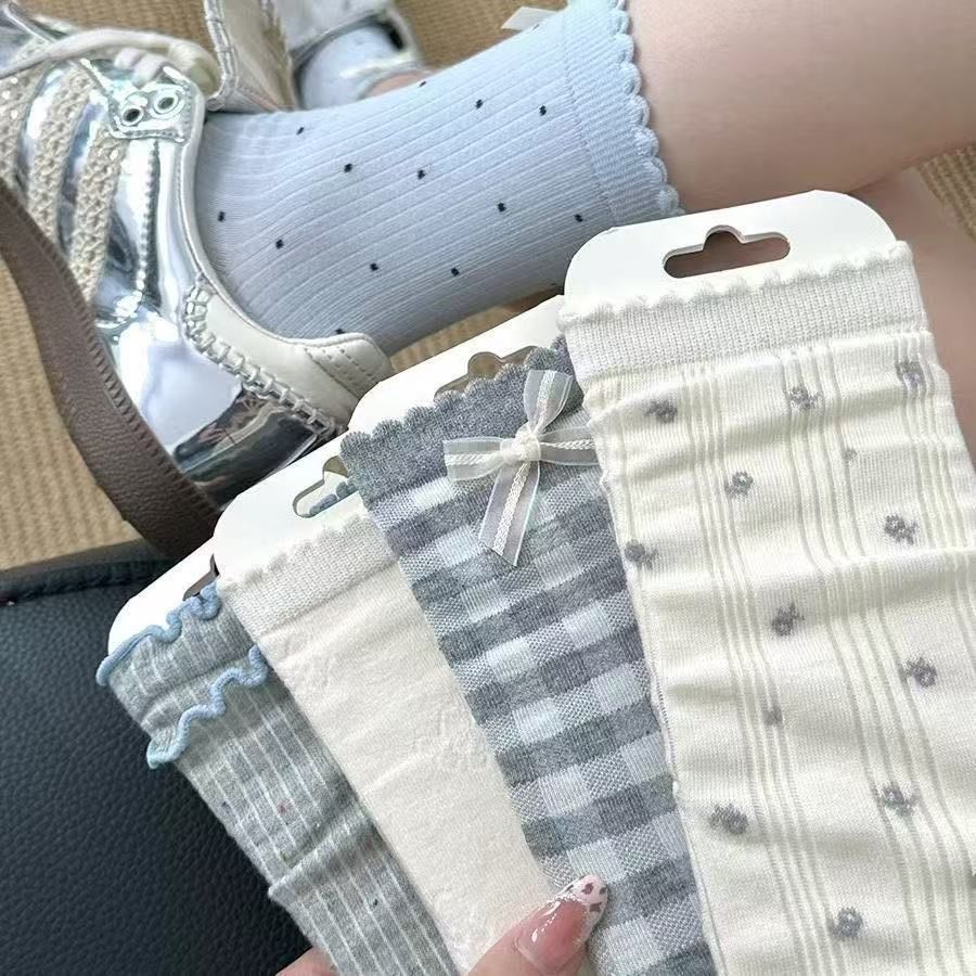 夏季薄款灰蓝色 ins日系可爱蝴蝶结袜子
