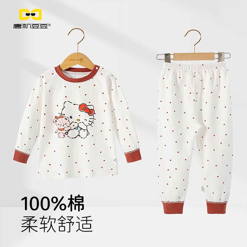 唐机豆豆女童波点全棉家居服卡通印花小猫新疆棉睡衣2025秋季新款