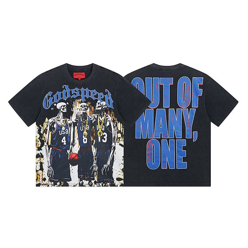 High Street Trendy Brand Heavy-Duty Washed Distressed Skull Letter Print_viptrois.com