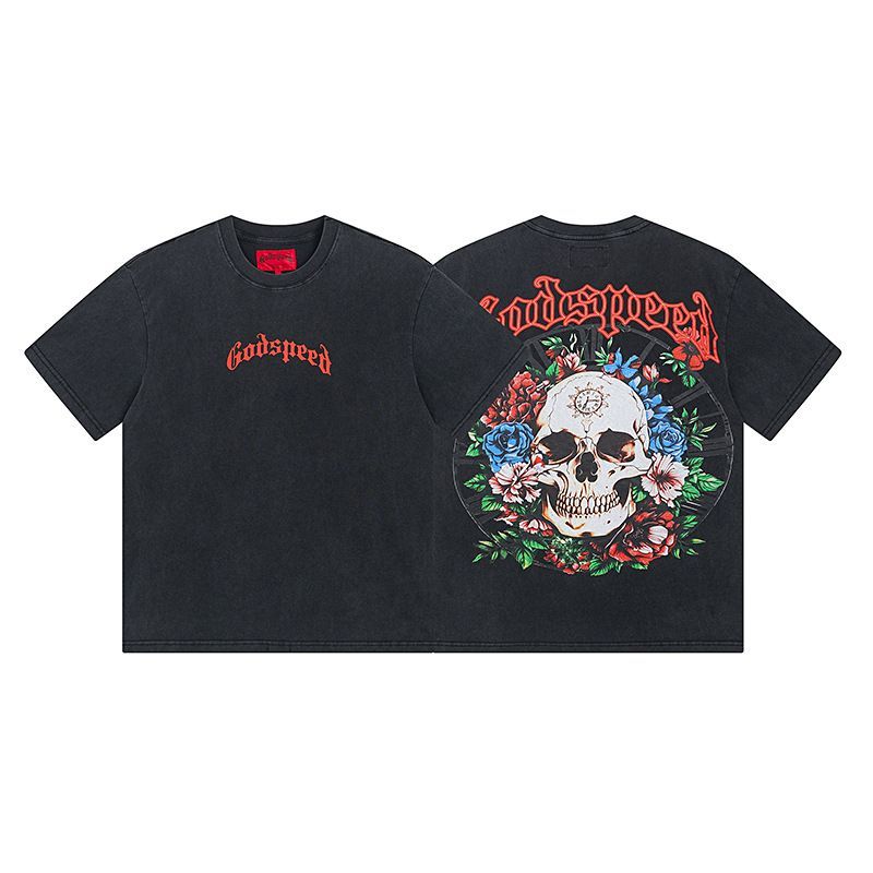 High Street Trendy Brand Heavy-Duty Washed Distressed Skull Letter Print_viptrois.com