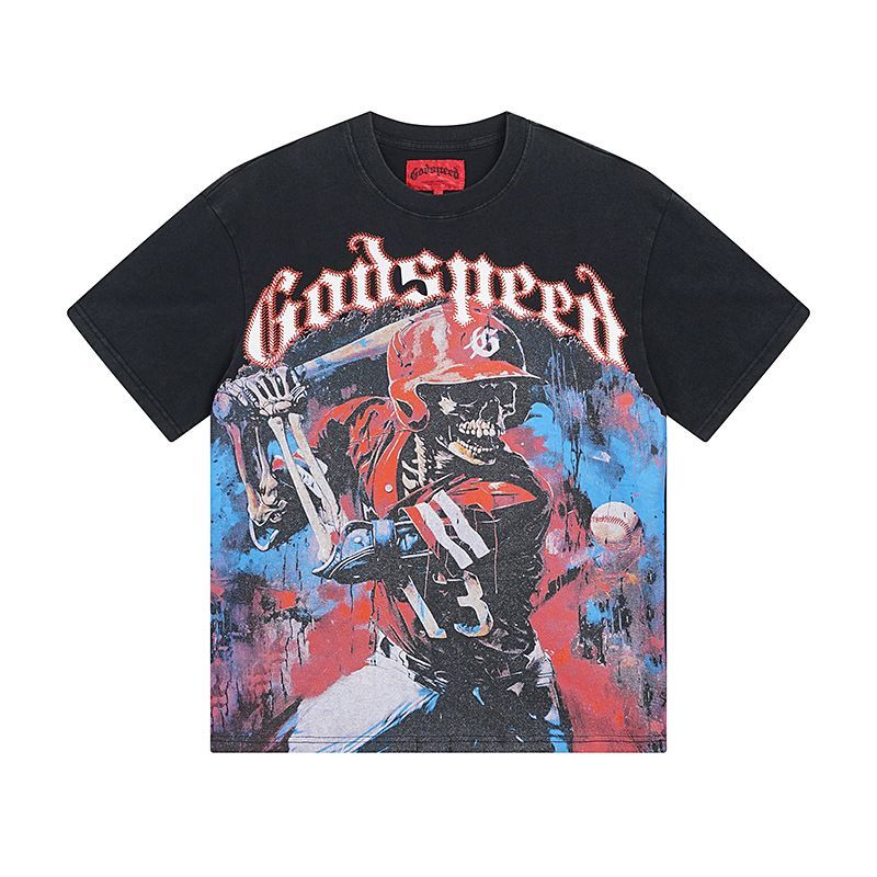 High Street Trendy Brand Heavy-Duty Washed Distressed Skull Letter Print_viptrois.com