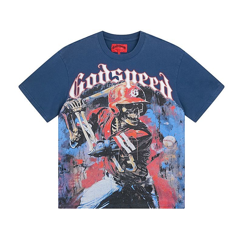 High Street Trendy Brand Heavy-Duty Washed Distressed Skull Letter Print_viptrois.com